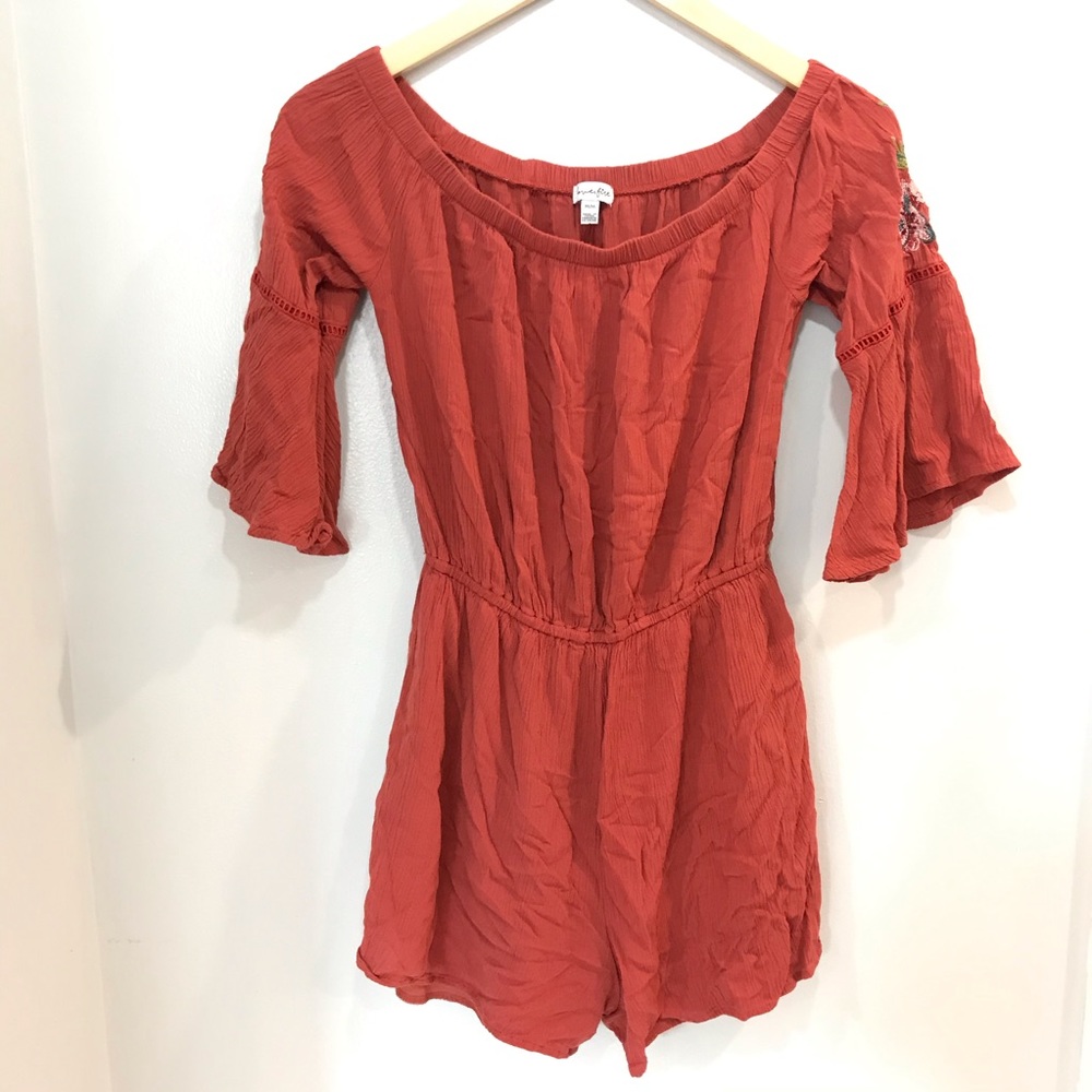 Red boho crepe embroidered floral romper